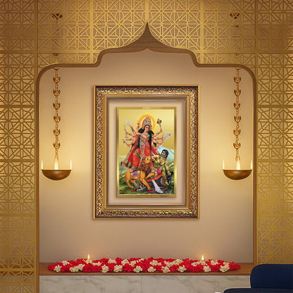 Durga-Mahishasura Mardini | Goddess Durga Slaying Mahishasura Wall Photo Frame in 24K Gold Plated Foil