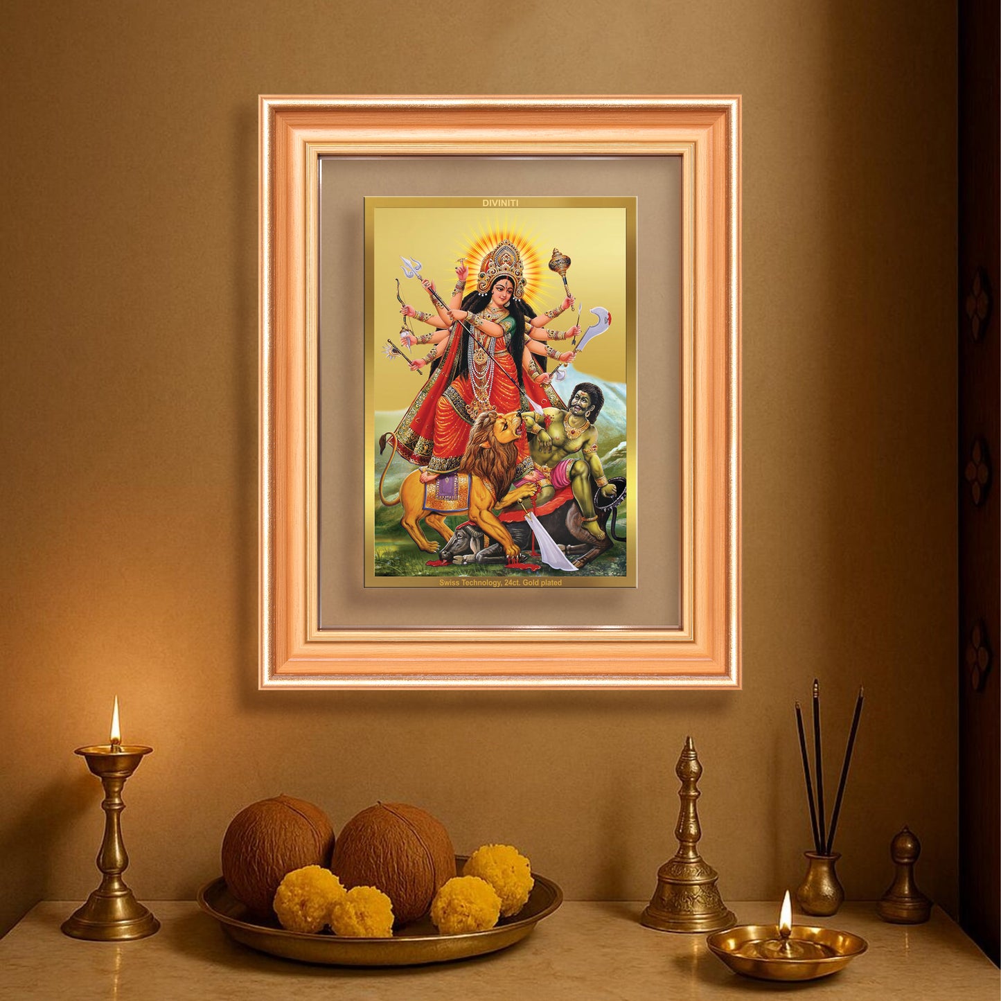 Durga-Mahishasura Mardini | Goddess Durga Slaying Mahishasura Wall & Tabletop Frame in 24K Gold Plated Foil