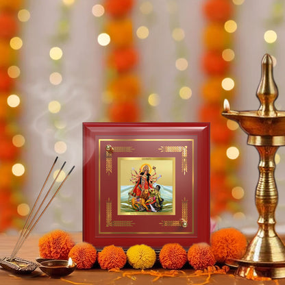 Durga-Mahishasura Mardini | Goddess Durga Slaying Mahishasura Tabletop Frame in 24K Gold Plated Foil
