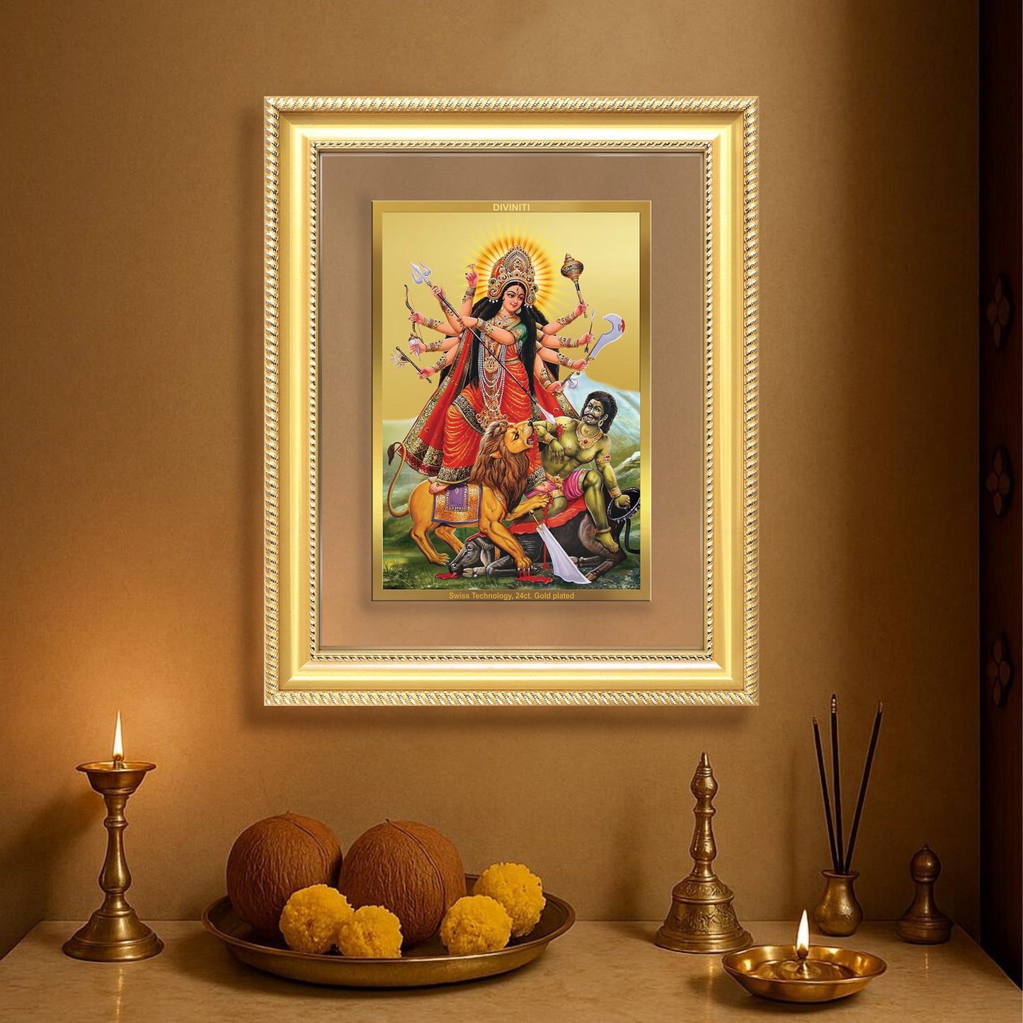 Durga-Mahishasura Mardini | Goddess Durga Slaying Mahishasura Wall & Tabletop Frame in 24K Gold Plated Foil