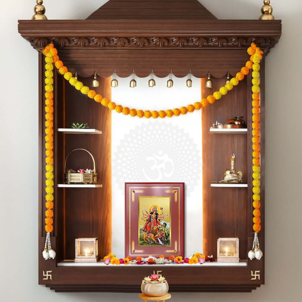 Durga-Mahishasura Mardini Photo Frame displayed in a beautifully decorated wooden wall shrine.