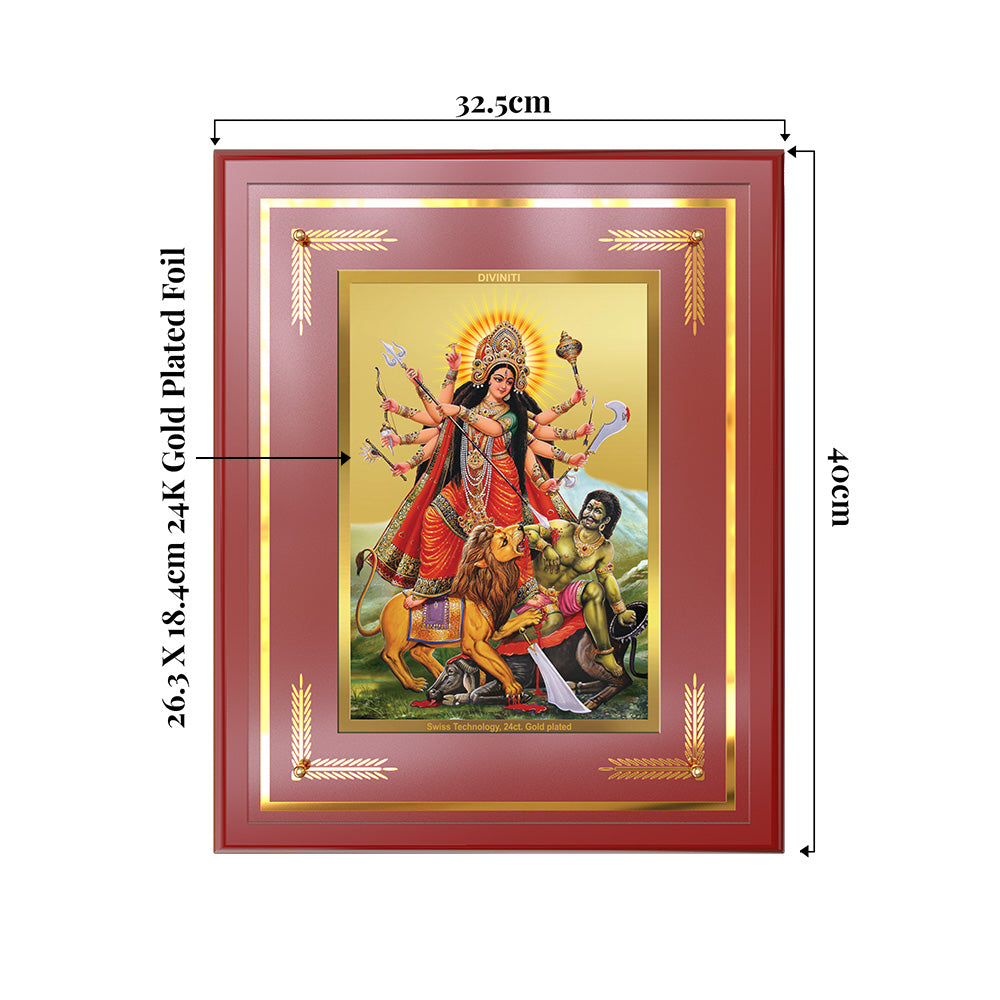 Durga-Mahishasura Mardini | Goddess Durga Slaying Mahishasura Wall & Tabletop Frame in 24K Gold Plated Foil