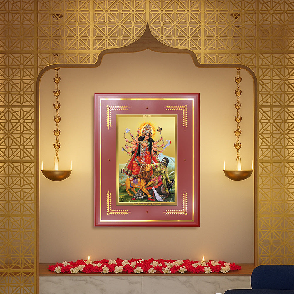 Durga-Mahishasura Mardini | Goddess Durga Slaying Mahishasura Wall Photo Frame in 24K Gold Plated Foil