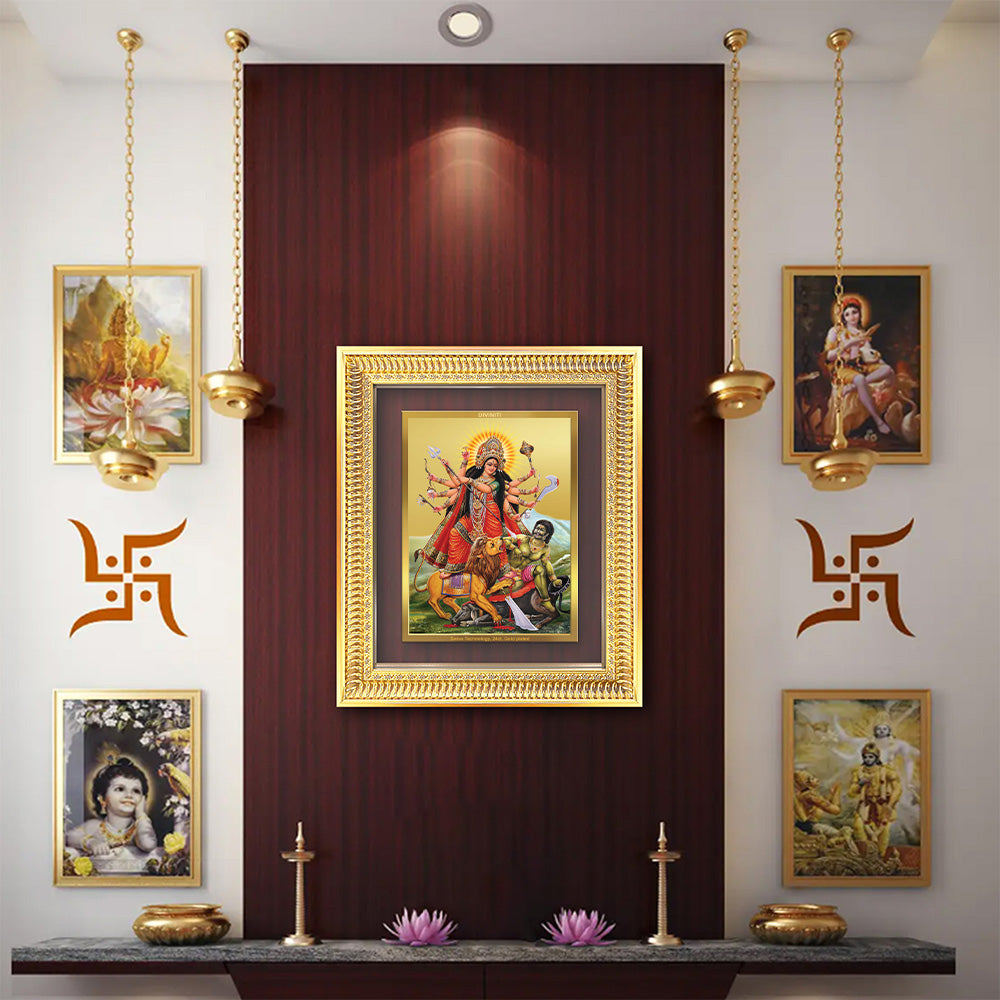 Durga-Mahishasura Mardini | Beautiful wall display featuring the goddess Durga in a gold plated frame.