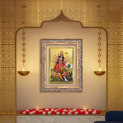 Durga-Mahishasura Mardini | Goddess Durga Slaying Mahishasura Wall Photo Frame in 24K Gold Plated Foil