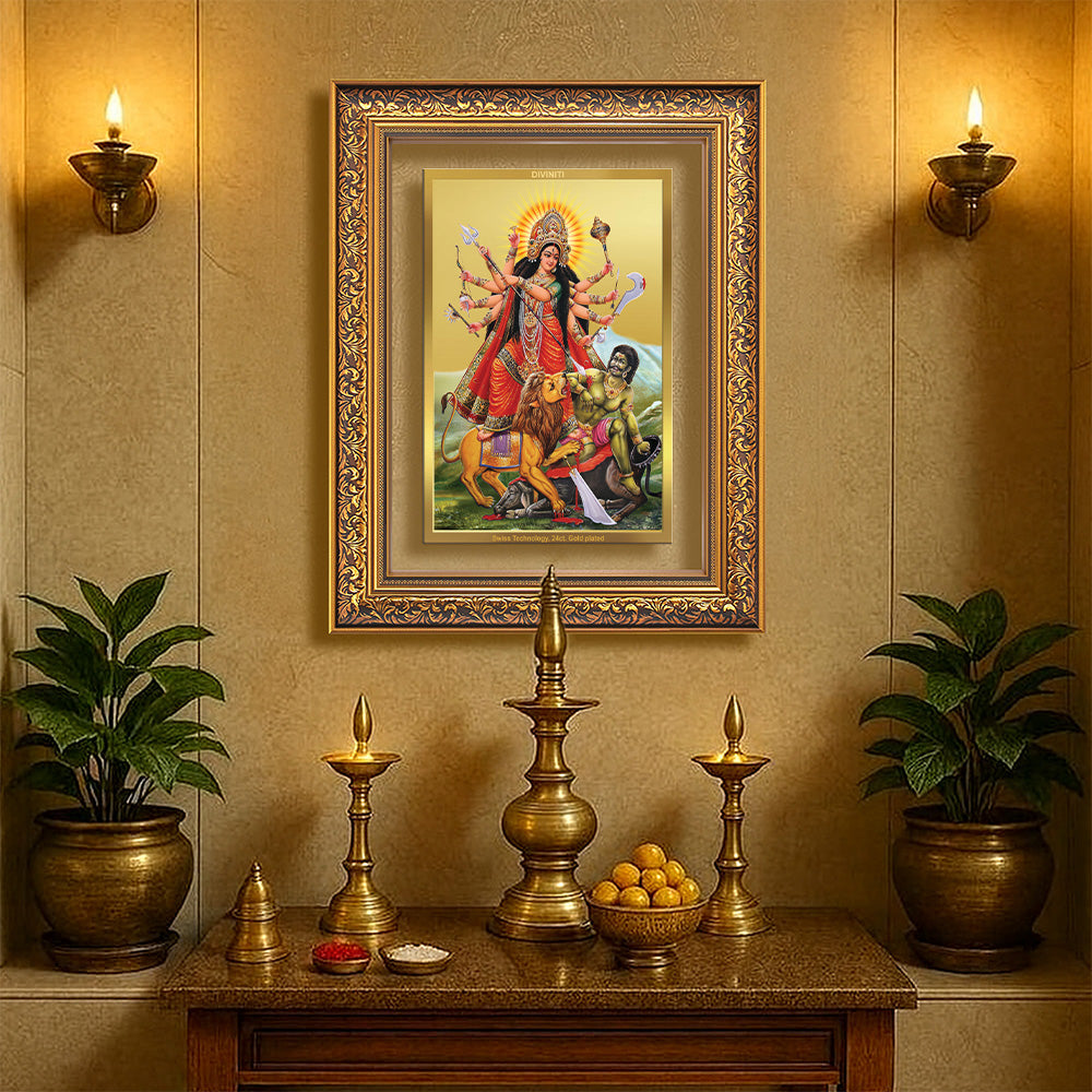 Durga-Mahishasura Mardini | Goddess Durga Slaying Mahishasura Wall Photo Frame in 24K Gold Plated Foil