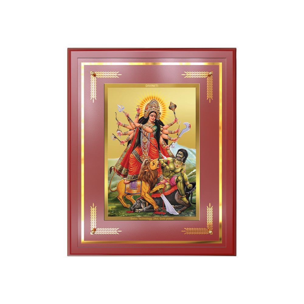 Durga-Mahishasura Mardini | Goddess Durga Slaying Mahishasura Wall & Tabletop Frame in 24K Gold Plated Foil