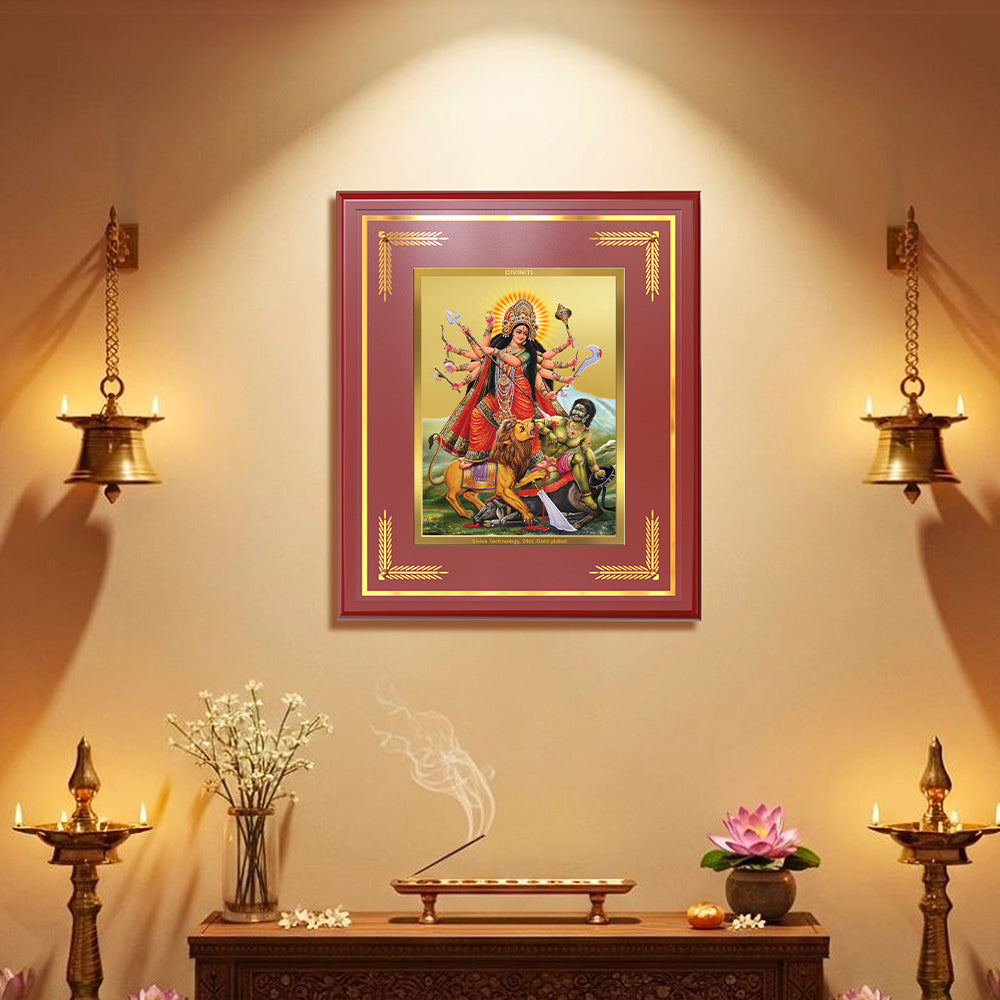Durga-Mahishasura Mardini | Goddess Durga Slaying Mahishasura Wall & Tabletop Frame in 24K Gold Plated Foil