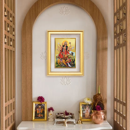 Durga-Mahishasura Mardini | Goddess Durga Slaying Mahishasura Wall & Tabletop Frame in 24K Gold Plated Foil