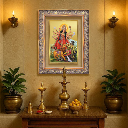 Durga-Mahishasura Mardini | Goddess Durga Slaying Mahishasura Wall Photo Frame in 24K Gold Plated Foil