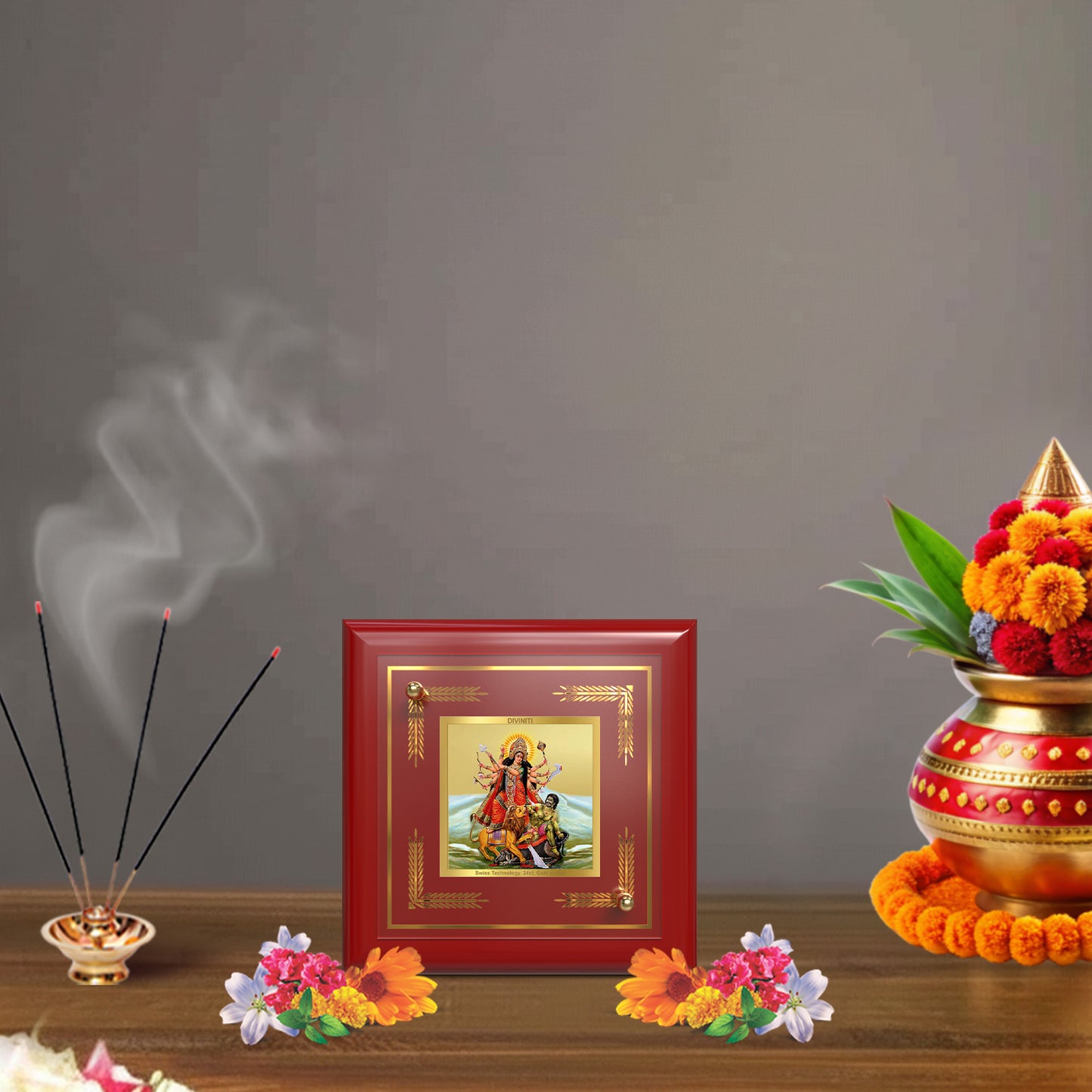 Durga-Mahishasura Mardini | Goddess Durga Slaying Mahishasura Tabletop Frame in 24K Gold Plated Foil