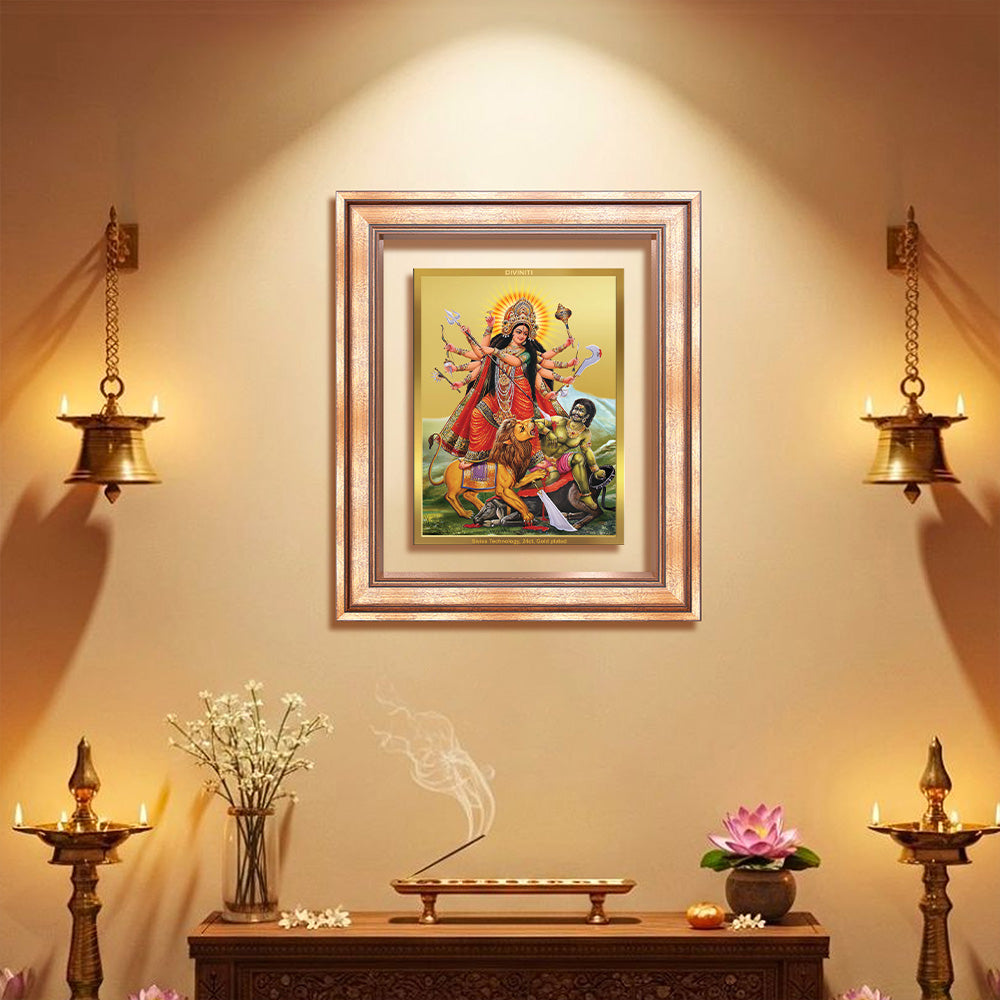 Durga-Mahishasura Mardini | Goddess Durga Slaying Mahishasura Wall & Tabletop Frame in 24K Gold Plated Foil