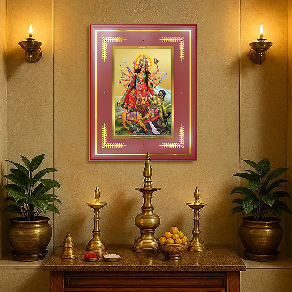 Durga-Mahishasura Mardini | Goddess Durga Slaying Mahishasura Wall Photo Frame in 24K Gold Plated Foil