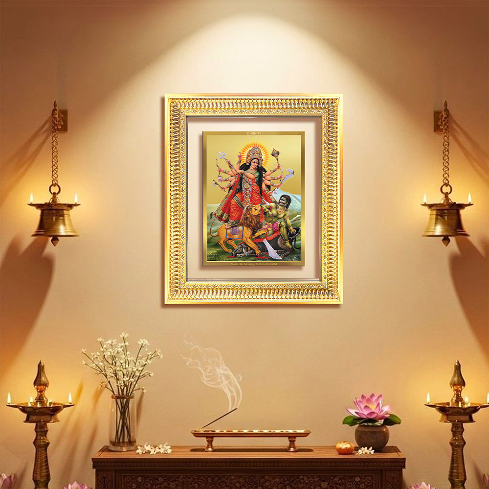 Durga-Mahishasura Mardini wall frame depicting Goddess Durga slaying Mahishasura in 24K gold plated foil