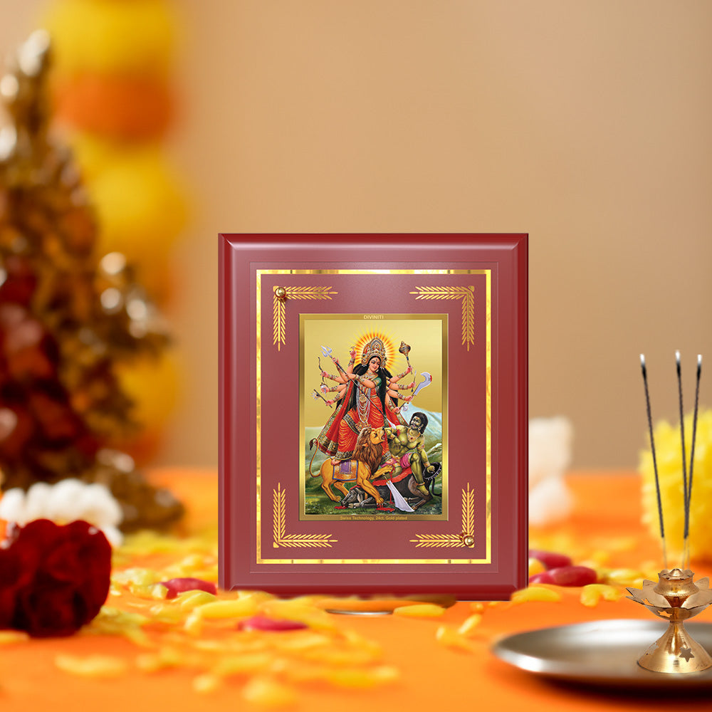 Durga-Mahishasura Mardini | Goddess Durga Slaying Mahishasura Wall & Tabletop Frame in 24K Gold Plated Foil