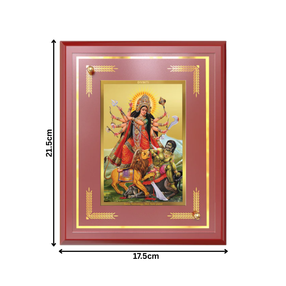 Durga-Mahishasura Mardini | Goddess Durga Slaying Mahishasura Wall and Tabletop Photo Frame in 24K Gold Plated Foil