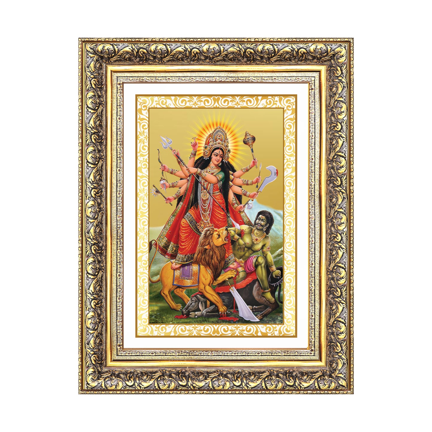 Durga-Mahishasura Mardini | Goddess Durga Wall Photo Frame in 24K Gold Plated Foil