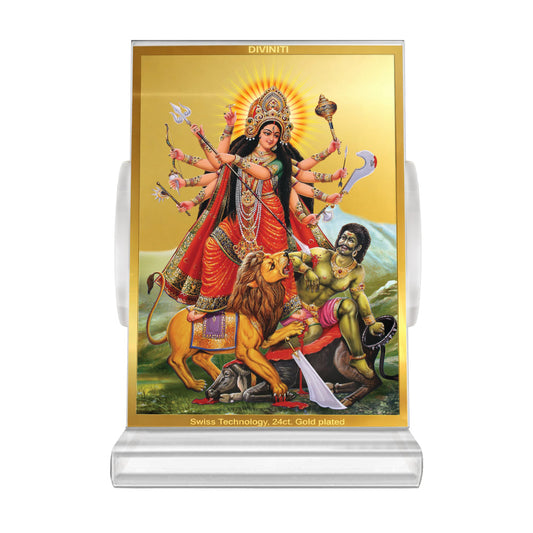 Durga Mahishasura Mardini | Goddess Durga Slaying Mahishasura Car Dashboard Frame in 24K Gold Plated Foil