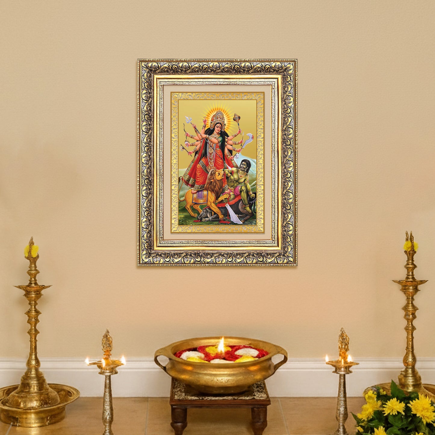 Durga-Mahishasura Mardini | Goddess Durga Wall Photo Frame in 24K Gold Plated Foil