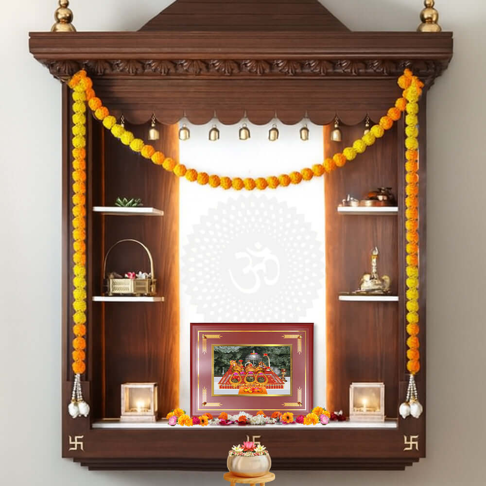 Durga Vaishno Devi Photo Frame n a beautifully designed wall and tabletop photo frame, adorned with vibrant marigold flowers.