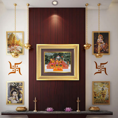 Durga Vaishno Devi Mata Ka Darbar framed artwork displayed on a wall with decorative elements and lighting.