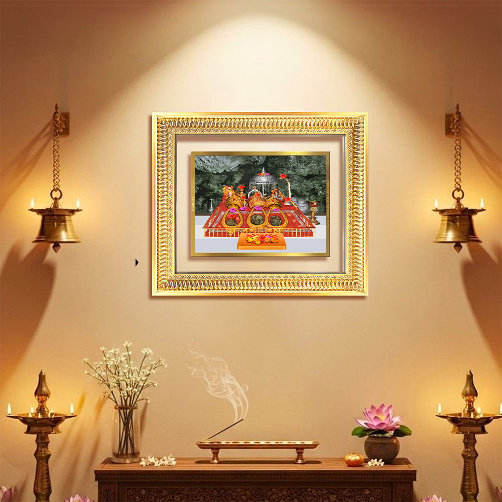 Durga Vaishno Devi Mata Ka Darbar framed art displayed in a serene, decorated room with ambient lighting.