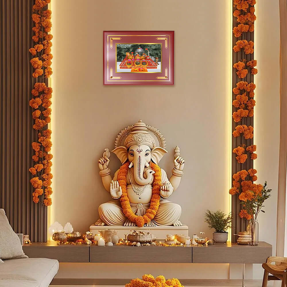 Durga Vaishno Devi Photo Frame displayed in a beautifully decorated wooden wall shrine.