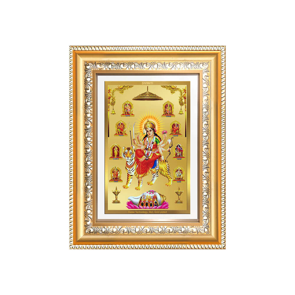 Durga Nav Durga | Goddess Durga in Her Nine Divine Wall and Tabletop Photo Frame in 24K Gold Plated Foil