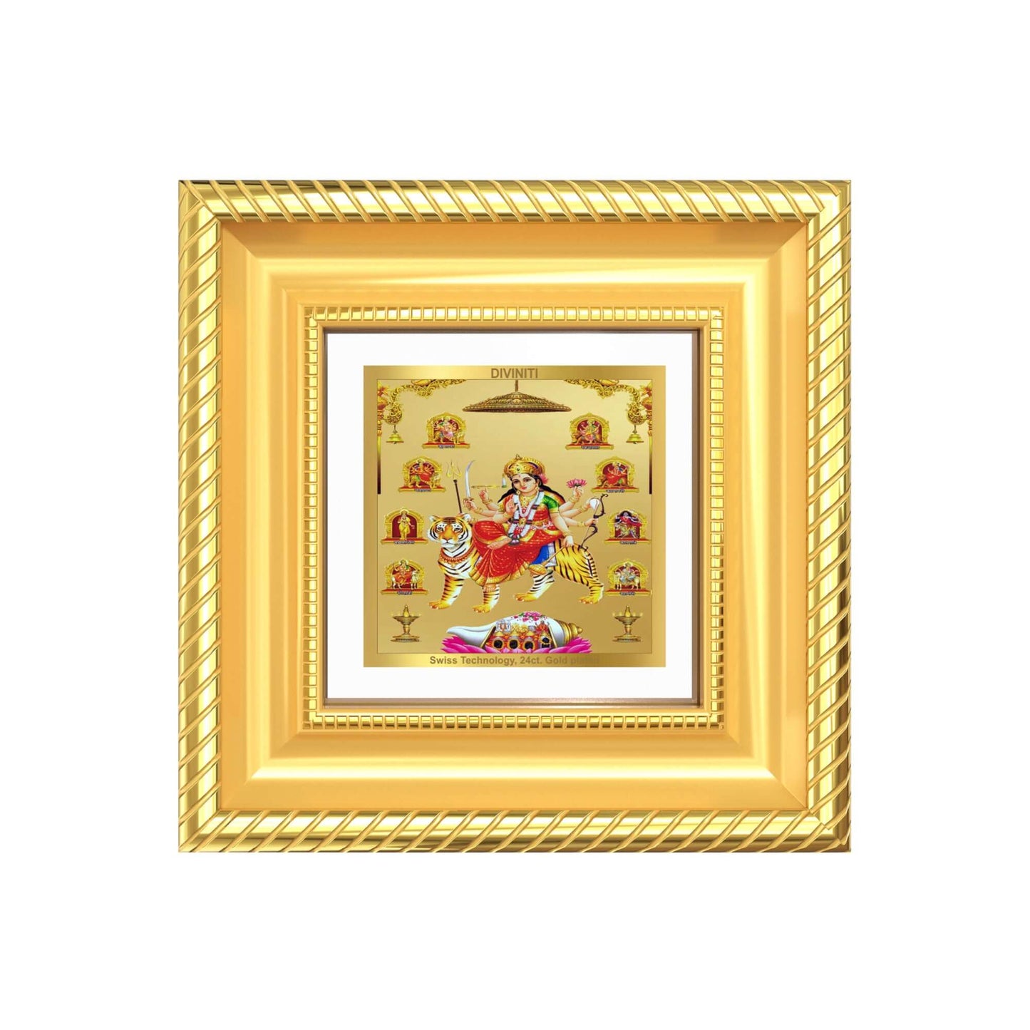 Durga Nav Durga | Tabletop frame of Goddess Durga in nine forms, crafted in 24K gold plated foil.