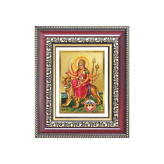 Durga-Sherawali Mata with Pind Wall & Tabletop Frame for Home & Temple in 24K Gold Plated Foil