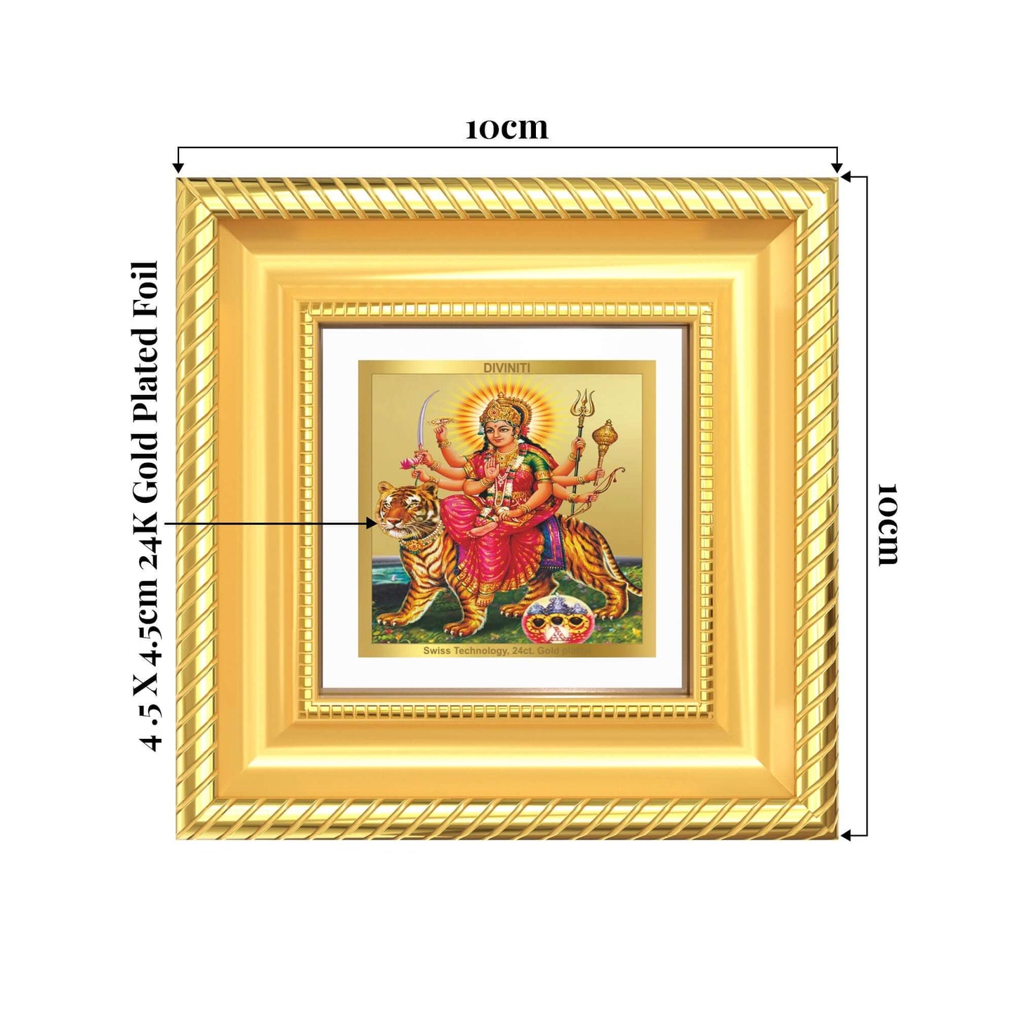 Durga Sherawali Mata tabletop frame in 24K gold plated foil with detailed craftsmanship.