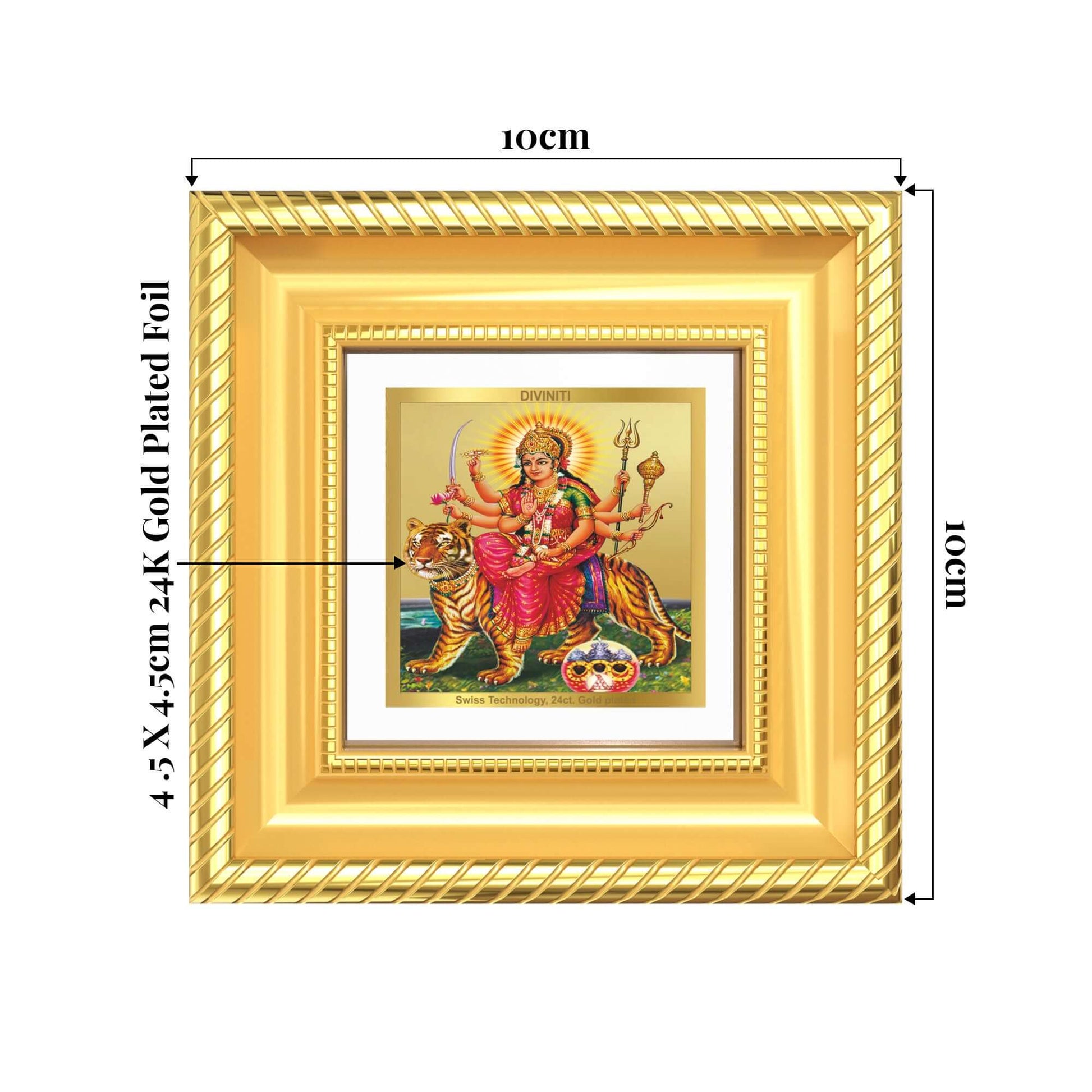 Durga Sherawali Mata tabletop frame in 24K gold plated foil with detailed craftsmanship.