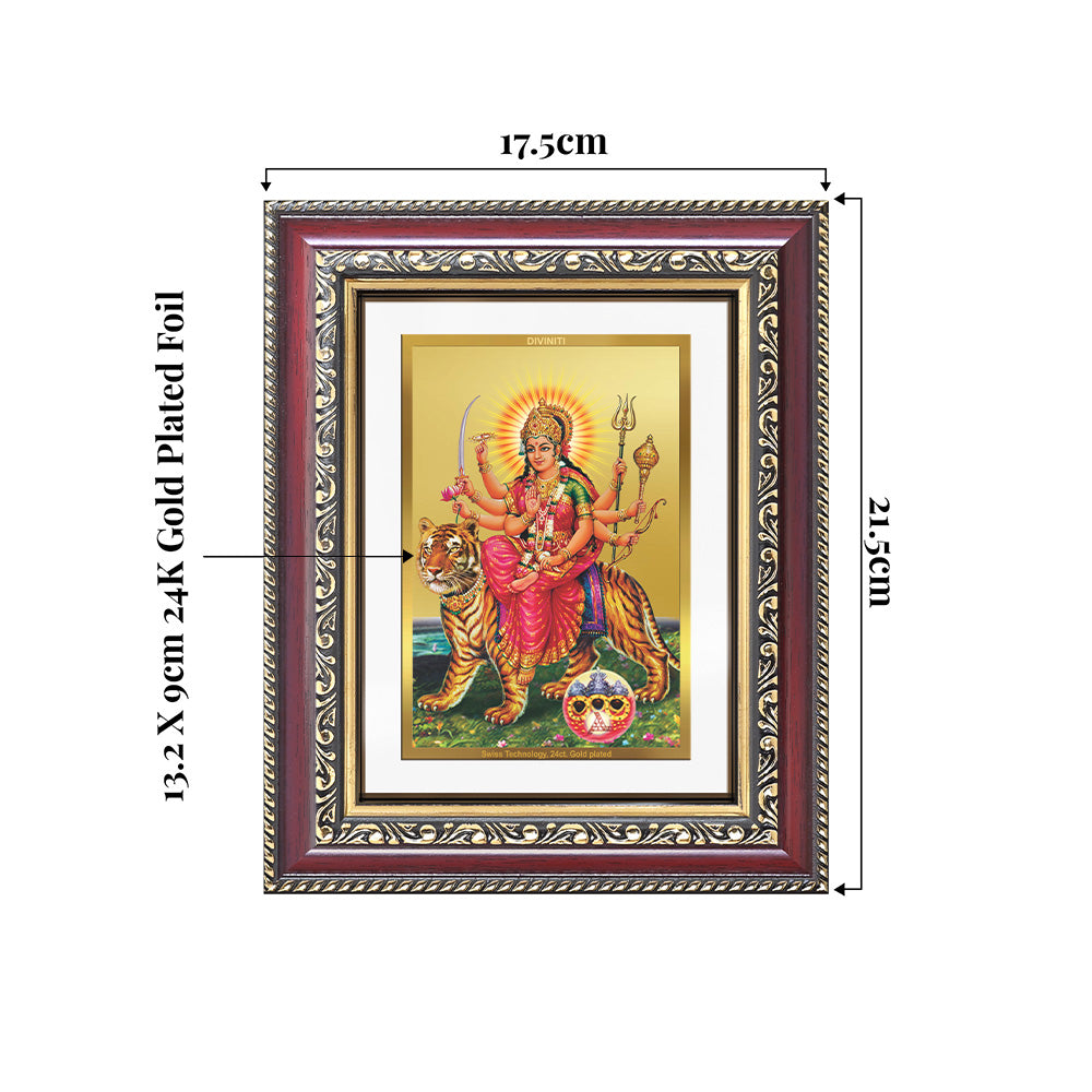 Durga Sherawali Mata with Pind photo frame 24k Gold Plated Frame Foil showing Dimensions