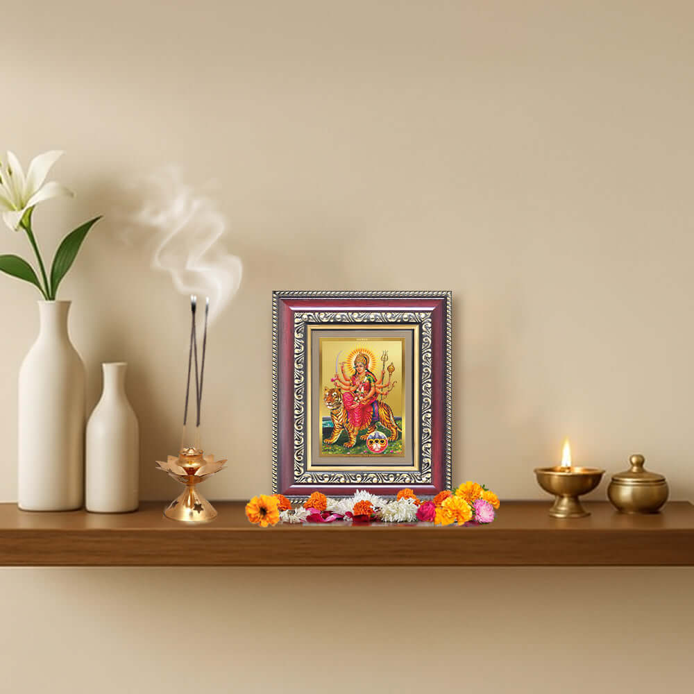 Durga-Sherawali Mata with Pind Wall & Tabletop Frame for Home & Temple in 24K Gold Plated Foil