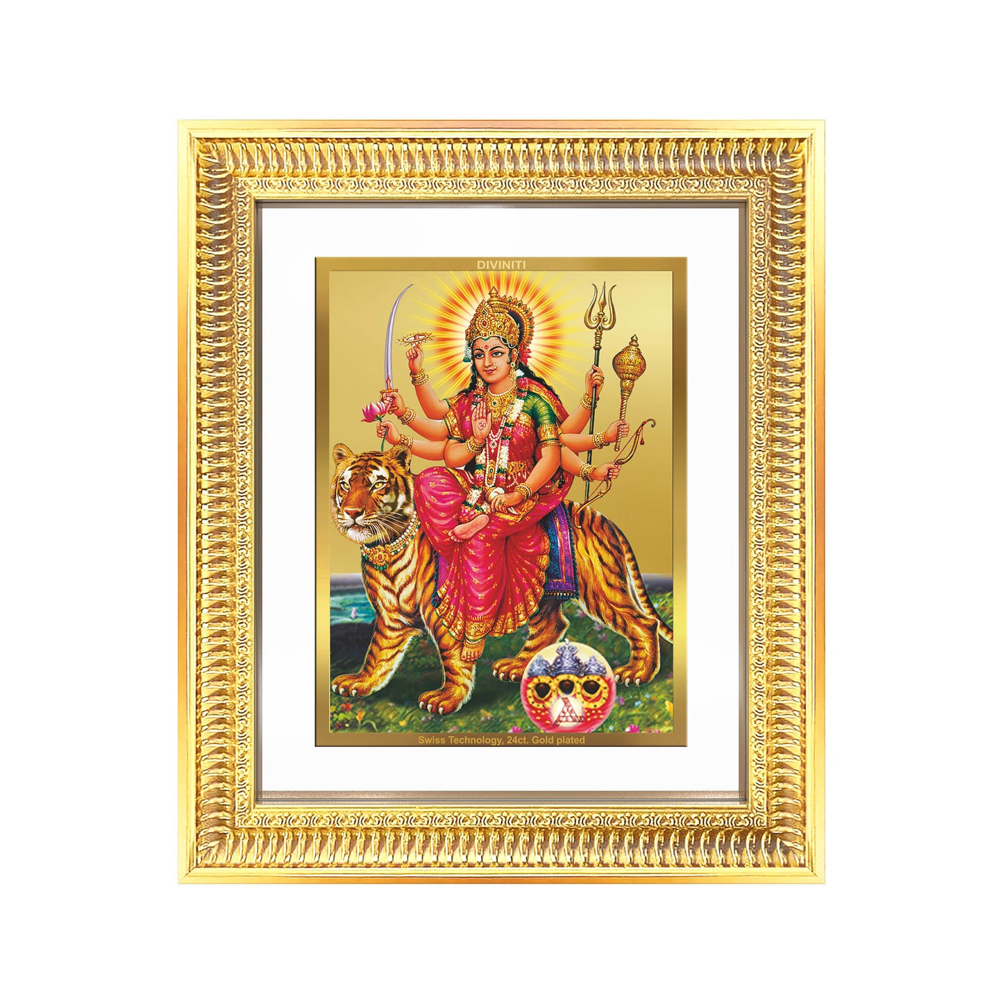 Durga Sherawali Mata with Pind | Divine Wall Mount Photo Frame in 24K Gold Plated Foil