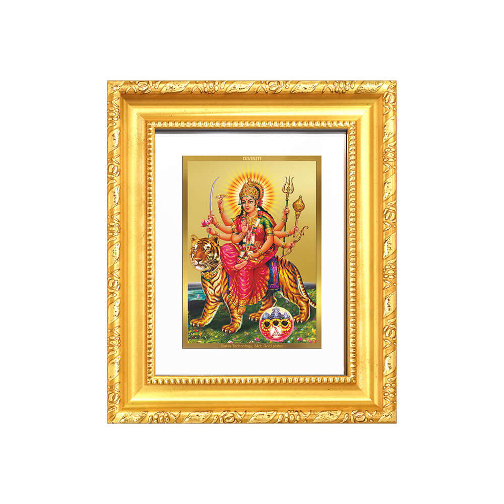 Durga Sherawali Mata artwork in ornate gold frame, symbolizing strength and divine protection.