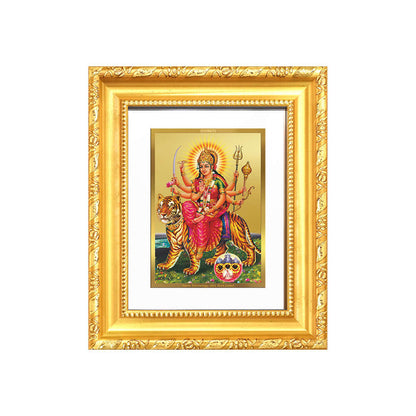 Durga Sherawali Mata artwork in ornate gold frame, symbolizing strength and divine protection.