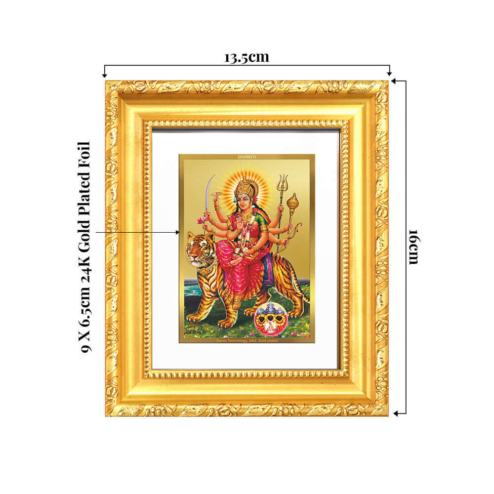 Durga Sherawali Mata framed artwork in 24K gold plated foil, showcasing the divine Goddess on a tiger.