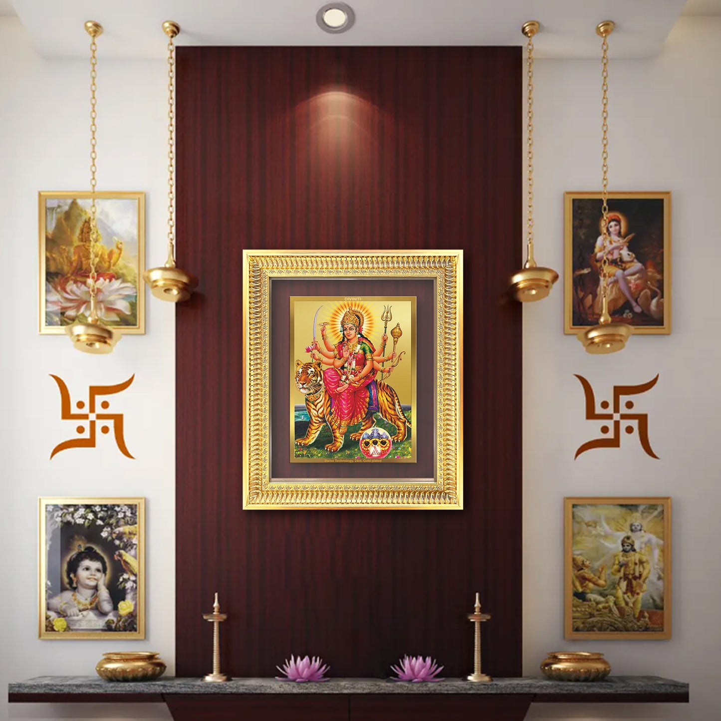 Durga Sherawali Mata with Pind | Divine Wall Mount Photo Frame in 24K Gold Plated Foil