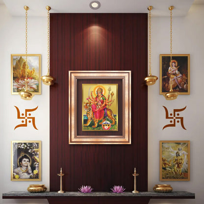 Durga Sherawali Mata with Pind | Divine Wall Mount Photo Frame in 24K Gold Plated Foil