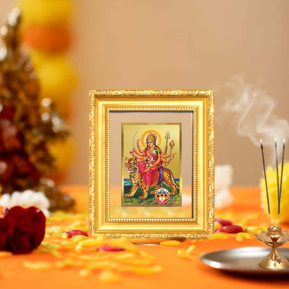 Durga Sherawali Mata framed 24K gold plated artwork with incense and flowers for divine blessings.