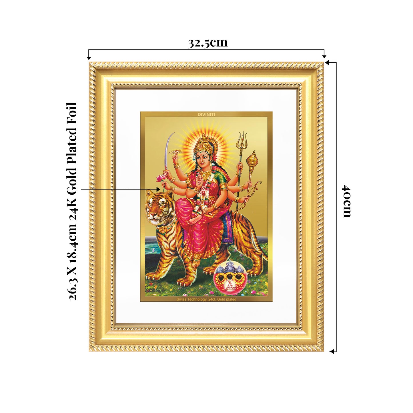 Durga Sherawali Mata with Pind | Divine Wall Mount Photo Frame in 24K Gold Plated Foil