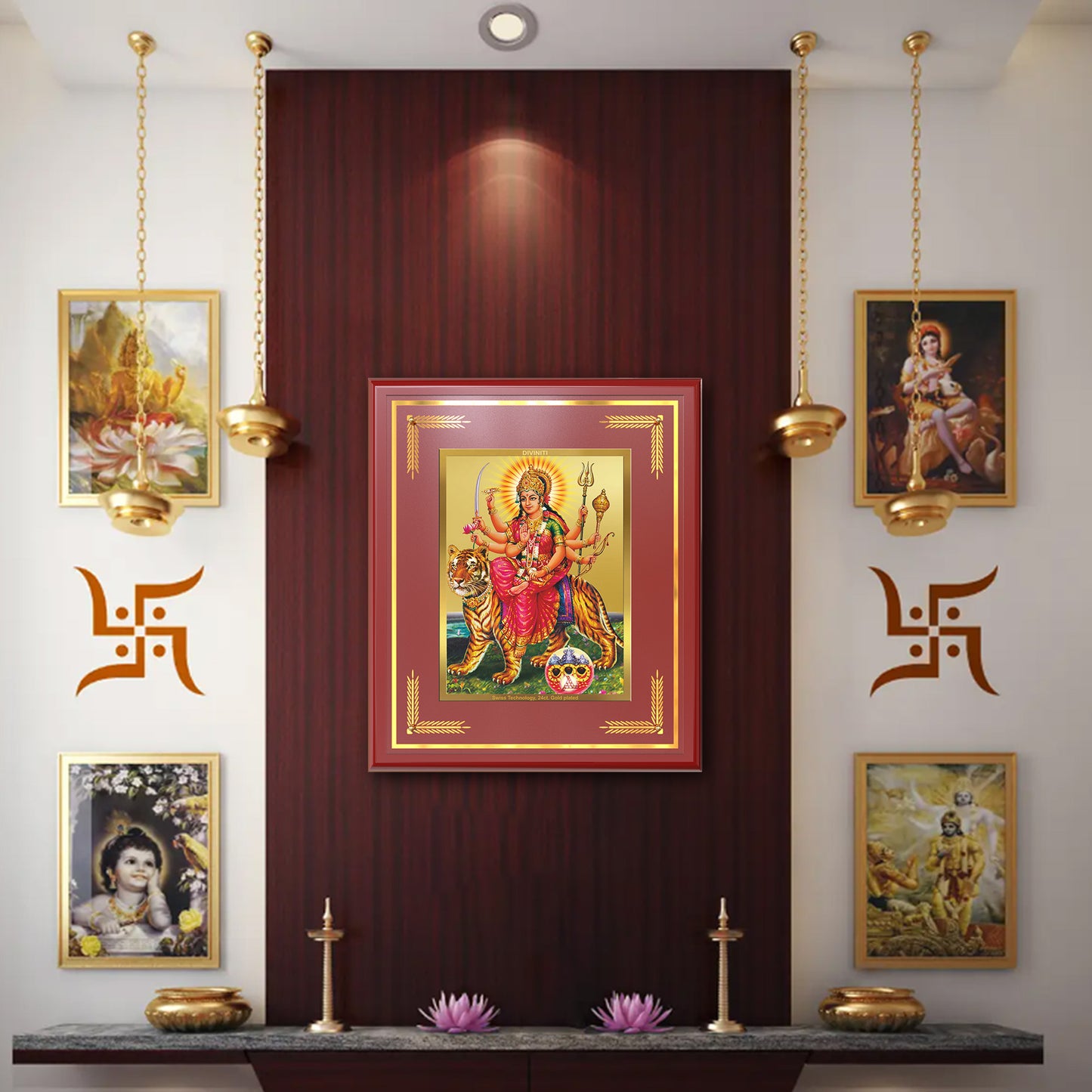Durga Sherawali Mata with Pind | Divine Wall Mount Photo Frame in 24K Gold Plated Foil