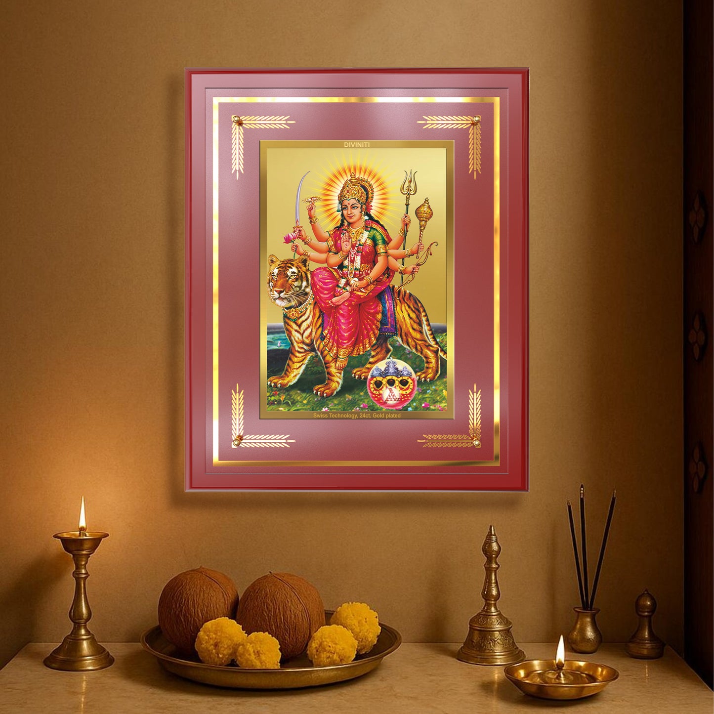 Durga Sherawali Mata with Pind | Divine Wall Mount Photo Frame in 24K Gold Plated Foil
