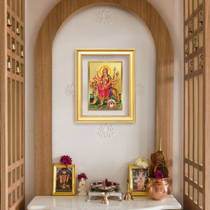 Durga Sherawali Mata with Pind | Divine Wall Mount Photo Frame in 24K Gold Plated Foil