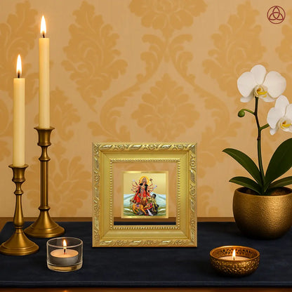 Durga Mahishasura Mardini | Goddess Durga Slaying Mahishasura Tabletop Frame in 24K Gold Plated Foil