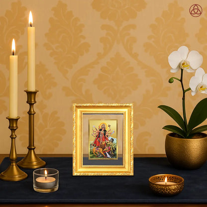 Durga Mahishasura Mardini | Goddess Durga Slaying Mahishasura Wall Hanging & Tabletop Frame in 24K Gold Plated Foil