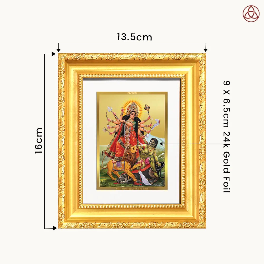Durga Mahishasura Mardini | Goddess Durga Slaying Mahishasura Wall Hanging & Tabletop Frame in 24K Gold Plated Foil