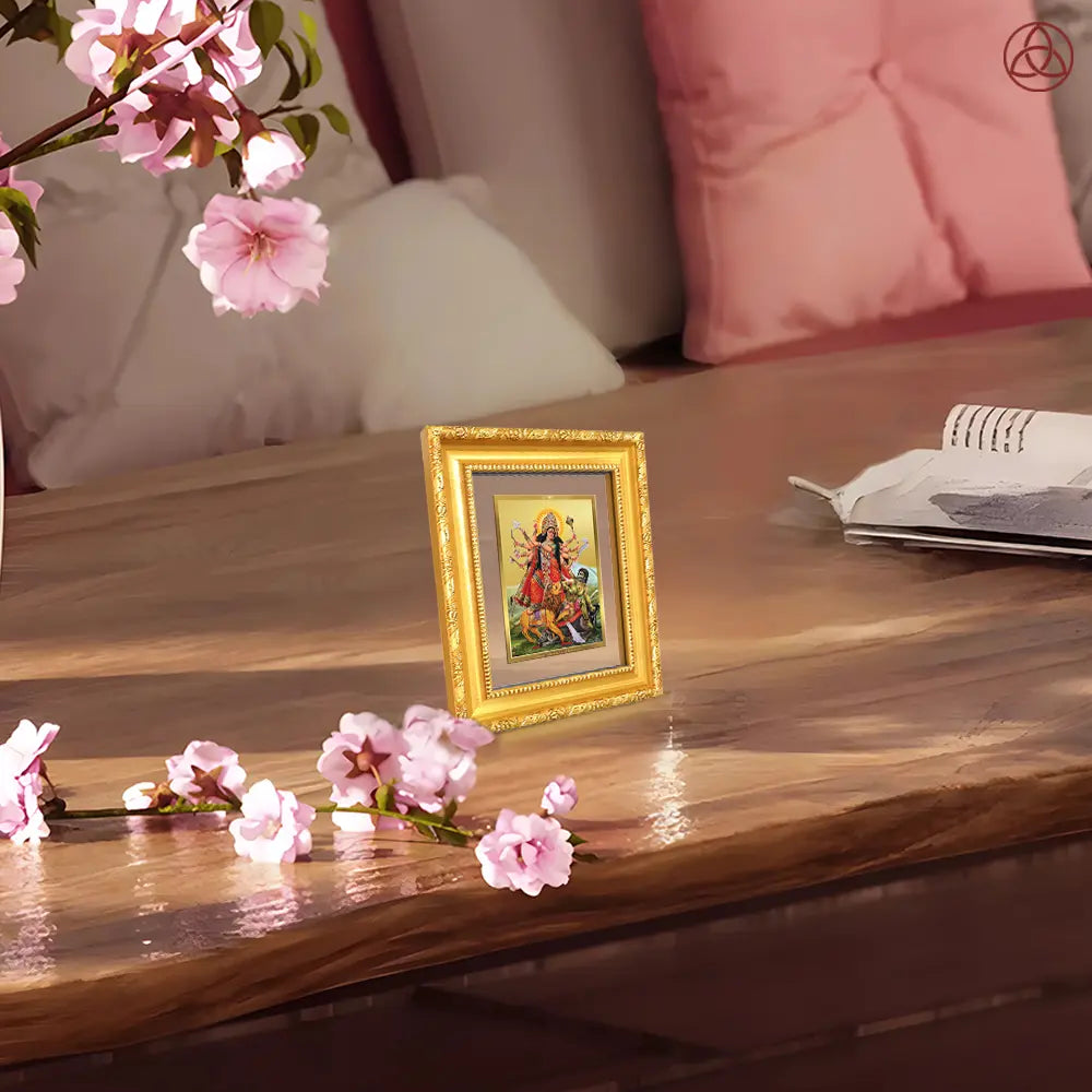 Durga Mahishasura Mardini | Goddess Durga Slaying Mahishasura Wall Hanging & Tabletop Frame in 24K Gold Plated Foil