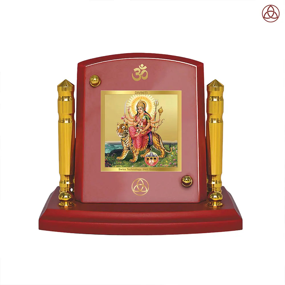 Durga-Sherawali Mata with Pind | Goddess of Power & Protection Car Dashboard Frame in 24K Gold Plated Foil